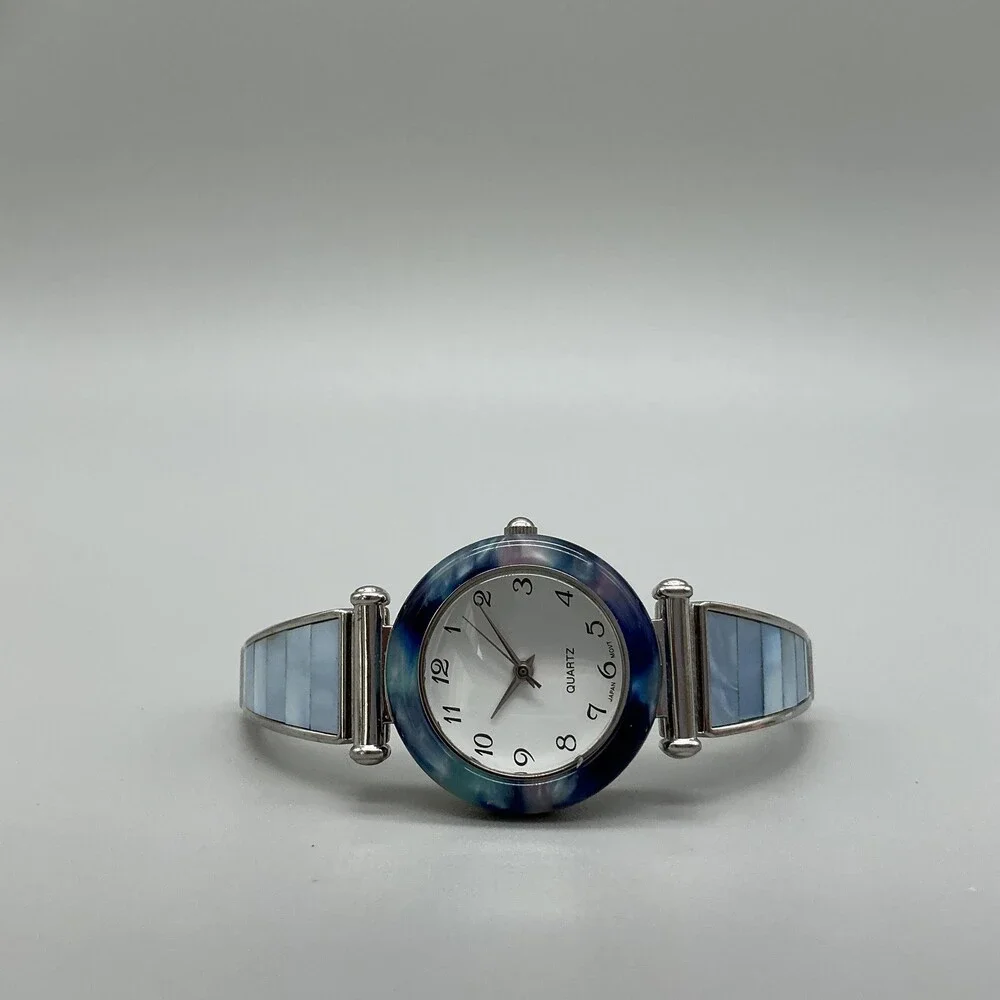 Avon Womens Watch 28mm Blue Abalone Bezel Inlay Stretch F69038-1/P New Battery